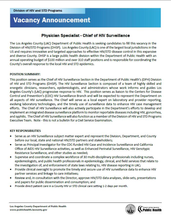 Employment - Physician Specialist - Chief of HIV Surveillance