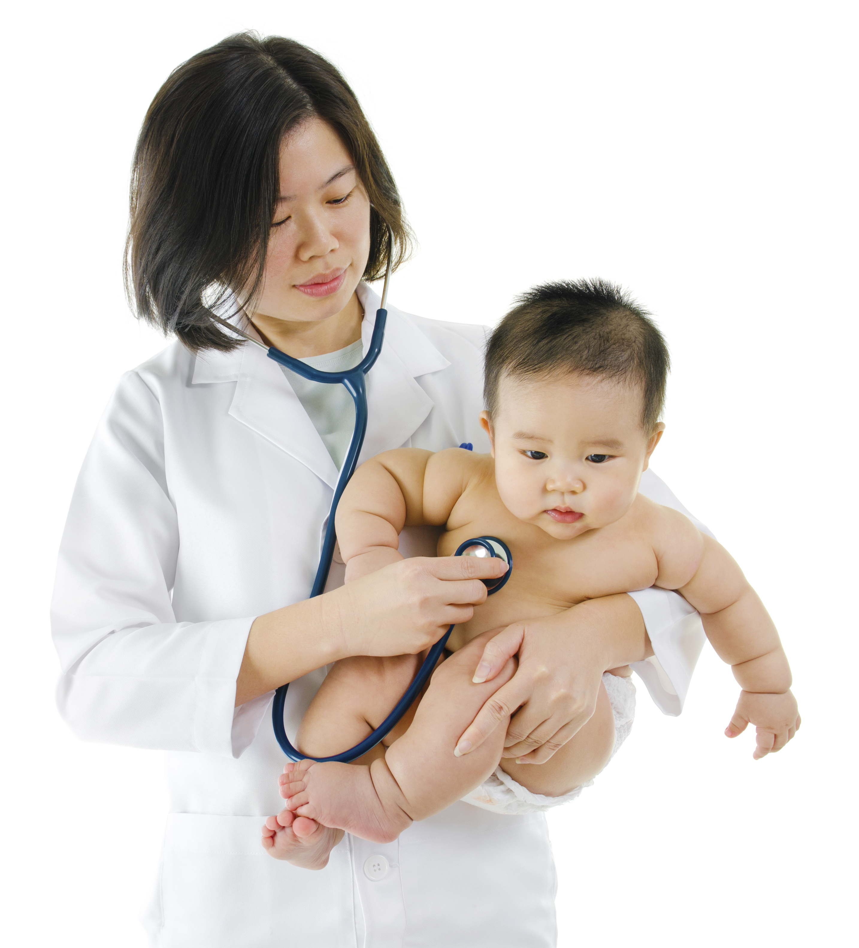 Doctor examining and holding baby