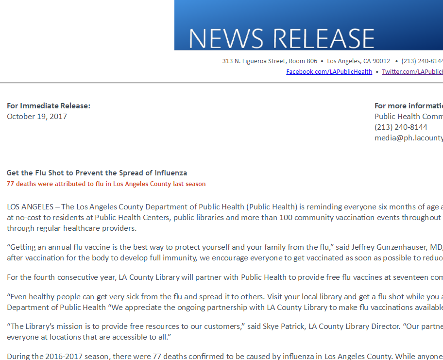 Press Release - Get Your Flu Shot to Prevent the Spread of Influenza