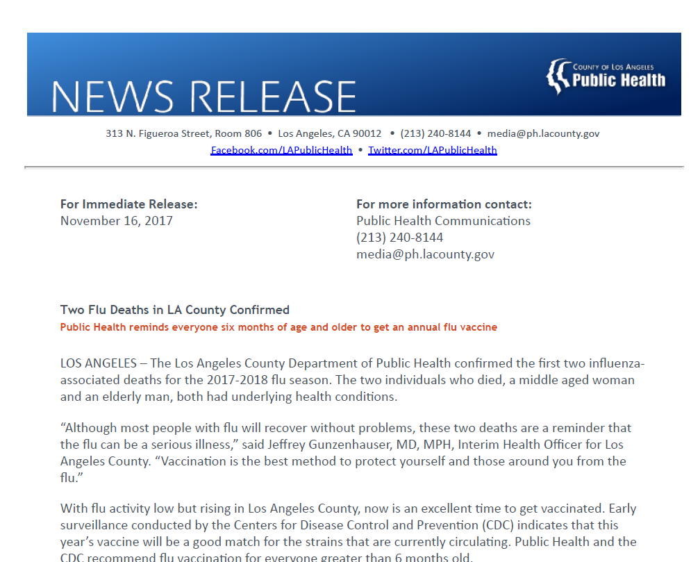 Press Release - Two Flu Deaths in LA County