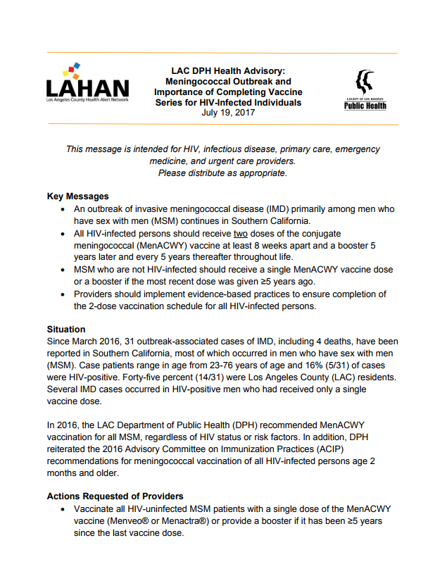 LAHAN Recommendation for HIV+ Persons to Receive 2 Doses of Meningitis Vaccine