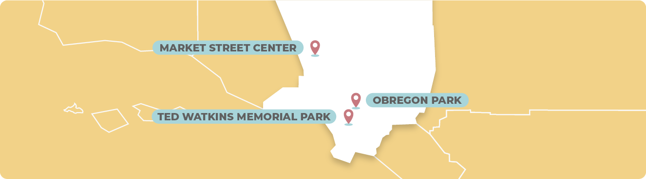 Mapa del Condado de Los Ángeles con siete Puntos de Distribución. Listado de cuatro sitios: Complejo Deportivo Balboa, Parque Oasis de Palmdale, Centro Civico de Commerce y Complejo Deportivo & Artes de Norwalk. Listado de sitios de servicio completo: Centro de Market Street, Parque Conmemorativo Ted Watkins y Parque Obregon.