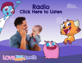 A young father brushing his teeth, holding a toddler in his arms with animated characters