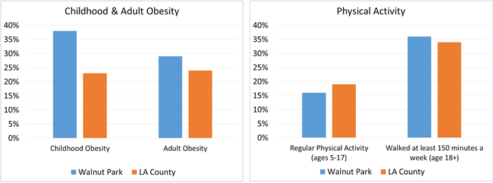 data table showing that childhood obesity and adult obesity or higher in Walnut Park compared to LA County overall, data table showing that physical activity for youth ages 5-17 is lower in Walnut Park compared to LA County overall, though it is higher for adults