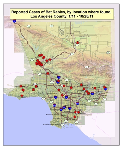 2011 map of rabid bats in Los Angeles County 