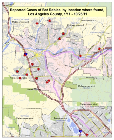 2011 map of rabid bats in Santa Clarita