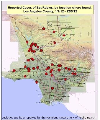 2012 map of rabid bats detected in Los Angeles County