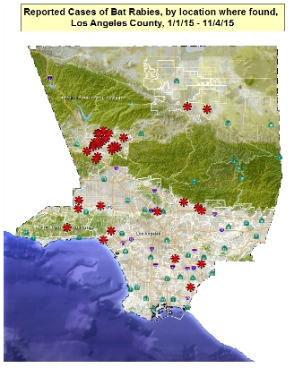 Map of confirmed rabid bats Los Angeles County 2015