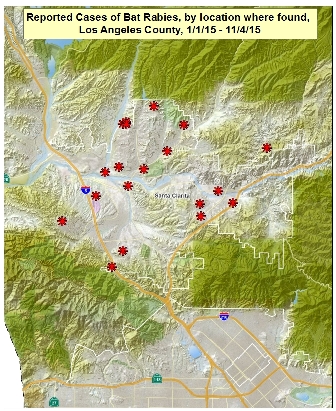 Map of rabid bats in Santa Clarita area 2015
