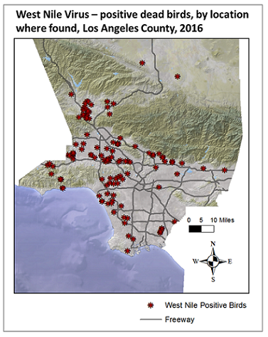 2016 map of dead birds with WNV - Los Angeles County