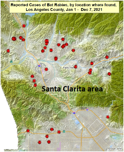 Map showing reported locations of rabid bats in the Santa Clarita area of Los Angeles County from January 1 to December 8, 2021