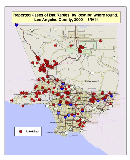 Map of rabid bats detected in Los Angeles County 2000-2011